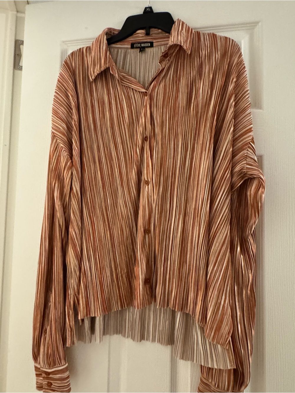 NWOT Y2K Style Oversized Steve Madden Rust & Cream Striped Pleated Button-Up L